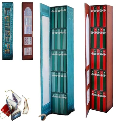 Mini Bookss Ornamento Avvento Calendar 2025, Books Lovers Gifts Avent Calendar with 24 Book Velft, Christmas Books Countdown Calendar for Book Lovers, Small Bookshelf (Blue+Red)