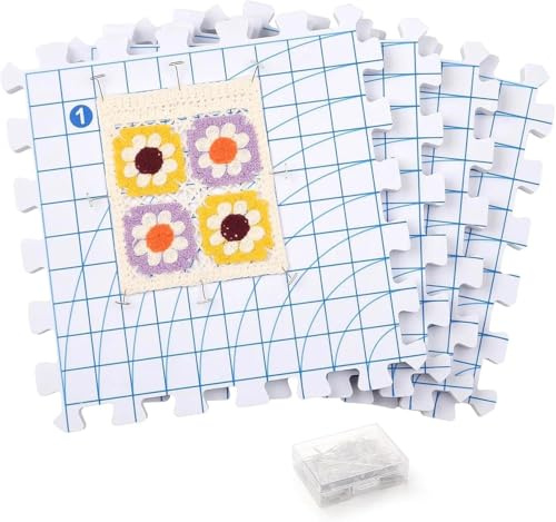 4 PCS Crochet Blocking Board with Gridlines, 30x30CM Interlocking Blocking Mats, Blocked Mats for Knitting, Extra Thick Blocked Mat 4 Pack and 100 Pcs T Pins for Knitting, Crochet and Needlework