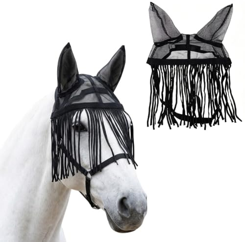 Masque anti-mouches pour cheval avec oreilles, masque anti-mouches robuste avec franges et maille, protection réglable pour chevaux, poneys, cobs, noir