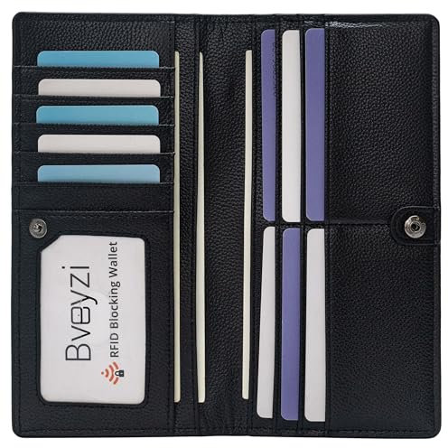 Bveyzi Ultra Slim Thin Leather RFID Blocking Credit Card Holder Bifold Clutch Wallets for Women (Black)