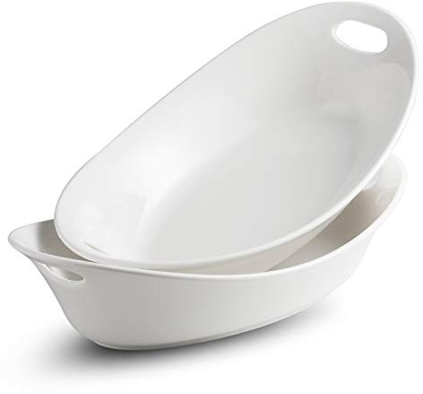 YHOSSEUN Large Serving Bowl with Handles, 1.5 Quarts Oval Serving Platter for Turkey, Thanksgiving Serving Dishes for Entertaining, Ceramic Salad Bowls Set of 2 White