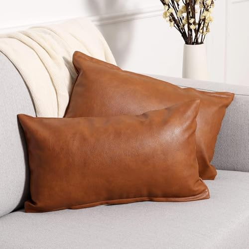 Yaertun Juego de 2 Fundas Cojines 30x50cm Modernos Cuero Artificial Fundas de Cojines Decorativos Fundas de Almohada Rectangular Lujoso para Habitacion Oficina Silla Cama Salón Terraza,Marrón
