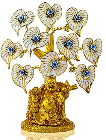 YU FENG Goldener Buddha-Statue Geldbaum mit bösen Blick, weißer künstlicher Blume, Heimbüro, Schutz, Dekoration, Feng Shui Ornament