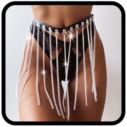 Flovel Punk Leder Taillenkette Schwarzer Quaste Verstellbare Körperkette für Frauenfür Perfekt für Festival Cosplay Gothic-Partys