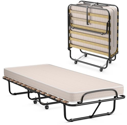 COSTWAY Brandina Pieghevole con Materasso, in Memory Foam, Struttura Resistente e 4 Ruote Girevoli, Lettino Pieghevole per Casa Ufficio, 190x80x33 cm (Beige)