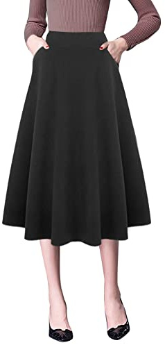 IDEALSANXUN Wool Skirts for Womens High Waist Aline Pleated Midi Skirts, Pure Black, XXX-Large