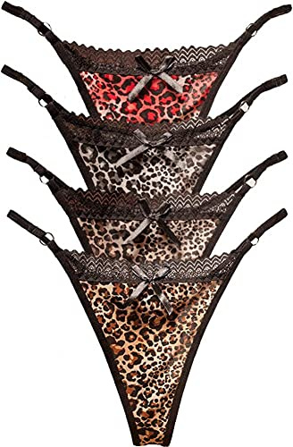 Sexy Lace G-String Panties for Women Flower Embroidery Underwear Knickers with Bowknot Comfortable Low Waist Thongs Tie Side Briefs Underpants Stretch Lingerie (4 Pack Leopard Print)