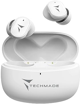 TECHMADE K111 Bluetooth-hörlurar, Bluetooth-hörlurar med in-ear stereomikrofon trådlösa hörlurar, trådlösa sporthörlurar med laddningsbox pekkontroll för iOS Android Smartphone PC (vit)