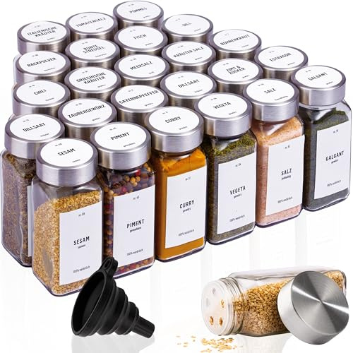 Deco Haus® Kryddburkar Fyrkantiga Lufttäta 24-set [inkl. Etiketter & Ströinsats] - Kryddkärl Set i Glas - Kryddbehållare Spice Jars - Kryddförvaring - Behållare för Kryddor - Kryddförvaring | Kryddkar glas med shakerinsats, penna – kryddbehållare 120 ml – kryddburkar – kryddförvaring