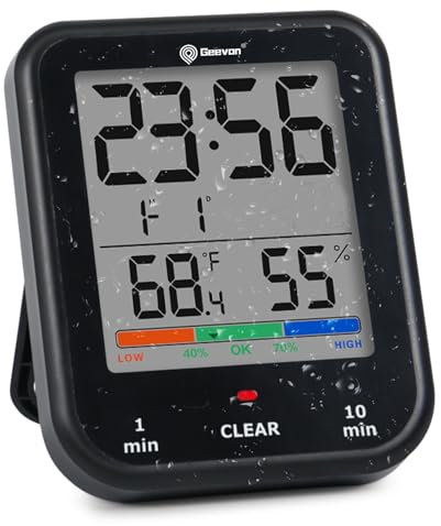 Geevon Badezimmer Uhr klein mit LED Zeitdisplay, große lesbare Digitale, Wandmontage oder Standplatz,IP24 wasserdicht, Hygrometer, Temperaturanzeige, Duschuhr, Bad Küche(Schwarz)