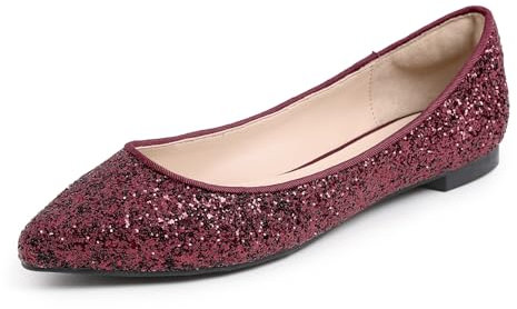 Feversole Women's Sparkle Memory Foam Cushioned Colorful Shiny Ballet Flats Pumps Glitter Pointed Burgundy Size 4