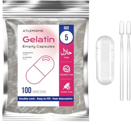 ATLEMISME Leere Gelatinekapseln Größe 5-100 Stück | Leere Kapseln zum Befüllen für Nahrungsergänzungsmittel mit 2 Mikrolöffeln | Hochwertige, luftdicht verpackte Kapseln für Kapselfüller