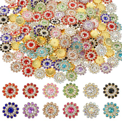 Knöpfe Gold 100 Stück Bunt Strass Knopf Kristall Blumen Knöpfe Groß Strassknöpfe 14mm Flache Rückseite Knopf für Schmuckherstellung Kleidung Strickjacke Dirndl DIY Ornamente Bunte
