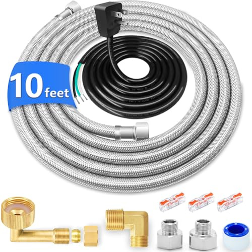Dishwasher Installation Kit - 10 FT Stainless Steel Dishwasher Hose with 3/8 Compression Connections,Food Grade PEX Inner Tube Dishwasher Water Supply Line with Elbows,Adapters and 6 FT Power Cord