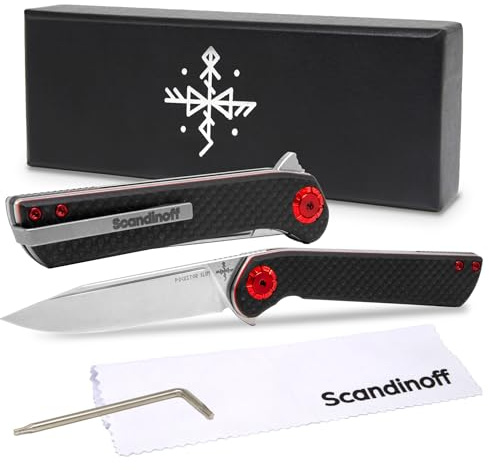 Scandinoff Klappmesser Slim - Einhandmesser - 80mm Klinge - Leicht Taschenmesser - Klingenform „Modern SEAX“ - Sandvik 14C28N Stahl - EDC Messer für Outdoor, Wandern | Pocketor Slim Carbon Fiber
