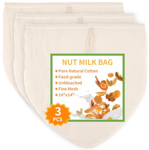 3 sacchetti per latte di noci da 35,6 x 35,6 cm, in cotone naturale non sbiancato, sacchetti per filtrare, sacchetti riutilizzabili per latte di avena e mandorle, produzione di formaggio, yogurt,