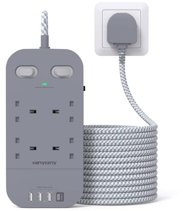 Gray Extension Lead 5M, HANYCONY 4 Way Surge Protected Power Strip with USB C Slots, Extension Cable with Double Switches, Plug Extension Socket 5M Braided Extension Cord for Home Office Accessories