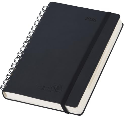 POPRUN Agenda 2026 Giornaliera Spirale 21,5 x 14,5 cm, Copertina Morbida, Righello Segnalibro, 1 Giorno 1 Pagina da Lun a Dom con Tag Mensili, Carta Spessa da 80 GSM, Nero BK