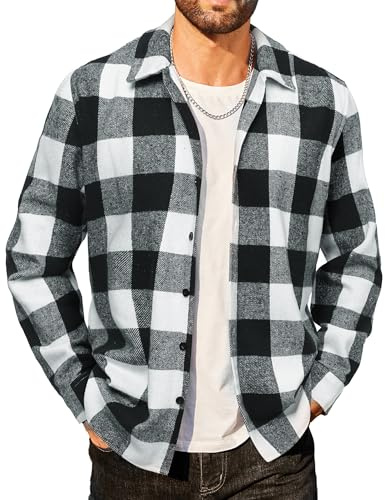COOFANDY Camisa de hombre de franela a cuadros, manga larga, estilo button down, estilo leñador, ajuste regular, para uso casual, Blanco y negro., XL