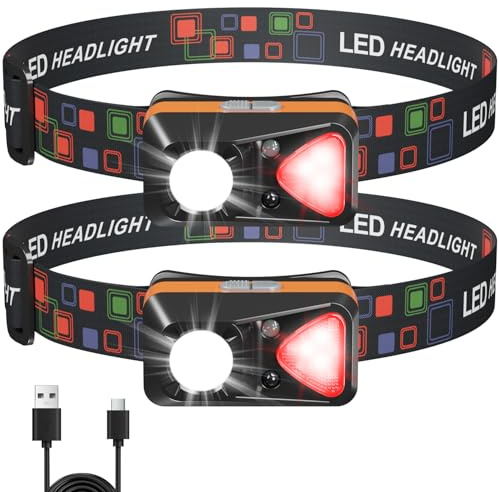 Lampe Frontale LED Rechargeable Puissante 2 Pcs, Ultra Lumineuse 2000 Lumens avec Capteur, 6 Modes et Lumière Rouge, IPX5 Étanche, Réglable 60°, Légère pour Running, Course, Camping, Cyclisme, Pêche