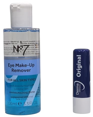 Boots N7 Eye Make Up Remover All Skin Types Revitalised and Healthier Looking Skin Suitable for Sensitive Skin and Eyes 100ml with Free Original Lip Balm