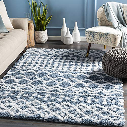 Livabliss Nour Dubai Shaggy Design – Living Room 160x220 cm, Soft Fluffy Bedroom Use, Abstract Berber Look, Plush Thick Pile, Easy Care, Dark Blue White