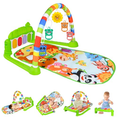 AOMIG Piano-Gym Spieldecke, Krabbeldecke mit Musik und Lichtern, Spielmatte mit Spielbogen abnehmbarem Babyspielzeug, Bauchzeit Activity Decke für Kleinkinder ab der Geburt –Grüne Tierfamilie