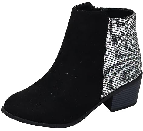 Botas de mujer Botines para mujer de material flash negro con parte trasera elástica, tacón grueso, tacón medio y cremallera lateral, botas cómodas bajas bajas botas de invierno para mujer
