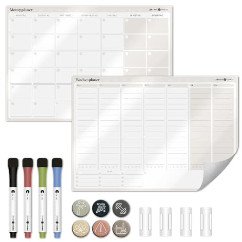 Lebenskompass Flexiplan® - Selbsthaftender Wochenplaner abwischbar - Whiteboard Planungstafel haftend auf allen glatten Oberflächen - undatierter Wandkalender Planer inkl. Sticker & Stiften