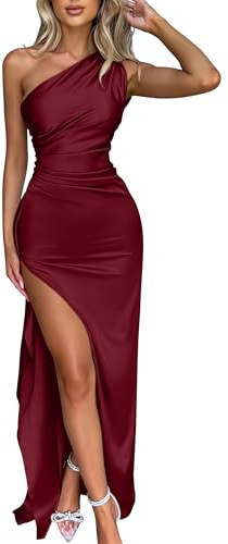 Memoriesea Women's Sexy One Shoulder Satin High Split Cocktail Wedding Party Maxi Dress Wine Red