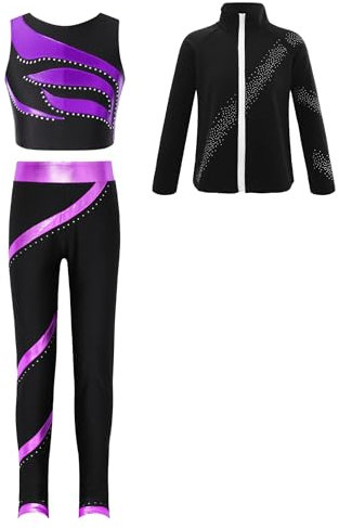 FEESHOW Mädchen Sport Kleidung Set Eiskunstlauf Anzug Sport BH Sport Leggings Sweatjacke Set Kinder Eislaufen Trainingsoutfit Yoga Workout Outfit Violett_C 134-140