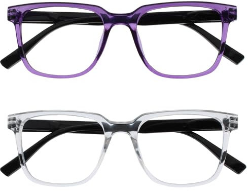OPULIZE LEO Lunettes de Lecture - Lot de 2 - Monture Rectangulaire Large - Violet, Transparent - Hommes Femmes - Charnières à Ressorts - RR55-5C - +1.50