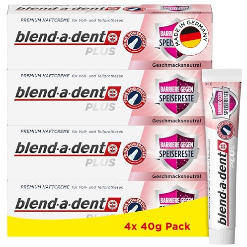 Blend-a-dent Plus Barriere Gegen Speisereste Premium Haftcreme, für Voll- und Teilprothesen, Geschmacksneutral, Made in Germany, 4x 40g Pack,Weiss