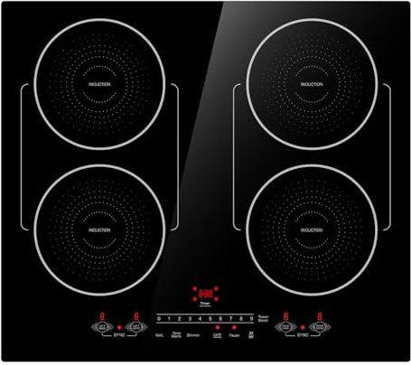 BIGoods 24 Inch Induction Cooktop 4 Burners, Flat Glass Top Electric Stove with Bridge-SYNC, 3 Preset Modes Booster, Timer, Pause, Child Lock, Drop in, 208~240V/40A, Black