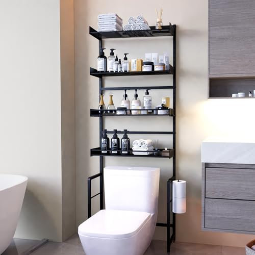 Tokokimo Waschmaschinenregal, WC Regal über Waschmaschine Badezimmerregal, Waschmaschinenschrank Überbauschrank, 4-Stöckiges Verstellbares Regal über der Toilettenregal, 64x23.8x172 cm, Schwarz