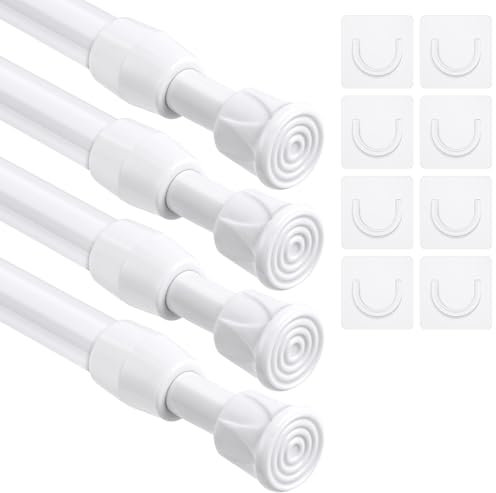Flintronic 4Pcs Extendable No Screws Curtain Poles, Curtain Rails, 40-70cm No Drill Telescopic Shower Curtain Rail, Tension Pole with 8 Holder, Adjustable for Closet, Kitchen, Cupboard(Diameter:13mm)