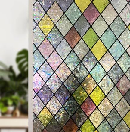 Diamanti Arcobaleno,Anti-UV Pellicola,Pellicola per Finestre Glassata senza colla,Pellicola per Finestre Vetri 3D Geometria Decorativa Autoadesive Anti-UV Pellicola Privacy Controllo di Calore