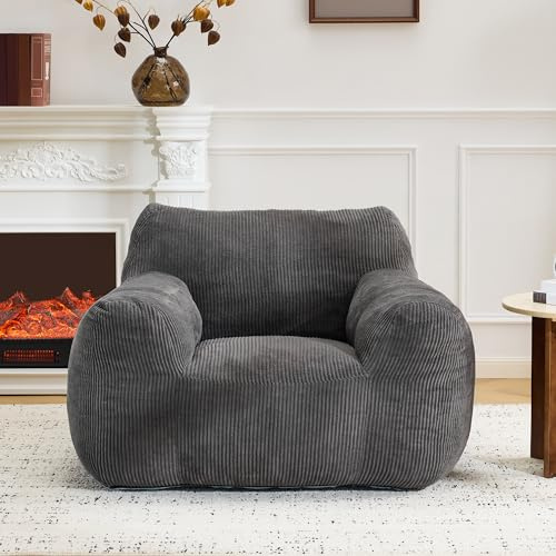 EROMMY Giant Cord Bean Bag Chair for Adults with Armrests - Oversized Comfy Lounge Lazy Floor Sofa,Cozy Fluffy Single Couch,for Living Room,Bedroom & Dorm,Grey