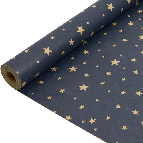 Papel de regalo navideño Kraft: Papel de regalo azul marino con diseño de estrellas, papel reciclable para cumpleaños y bodas - 43 cm x 15 m