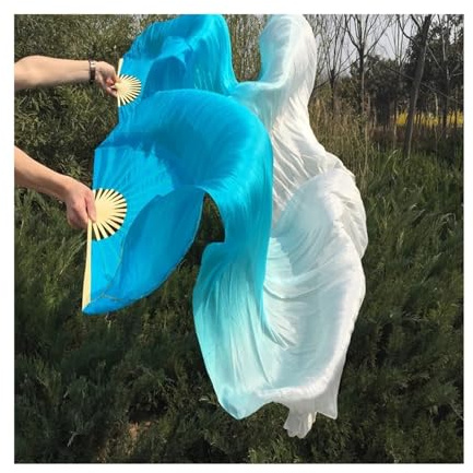 Fan Veil Soie LéGer,Eventail Voile 120cm/150cm/180cm Voile d'éventail de danse du ventre en soie pure Éventail pliable bambou 1 paire (1L + 1R) Voiles couleur dégradée teints à la main(Color 8,150cm)
