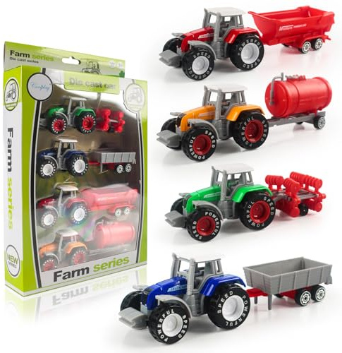 JWTRSVTY 4 PCS Tracteurs Miniatures De Ferme, Jouets De Tracteur Agricole en Alliage, Ensemble De Tracteurs Enfant, Amovibles Camions E Remorques, pour Enfants Et Garçons De Cadeau Anniversaire