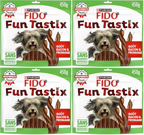 Fido | FUNTASTIX | Friandises en Bâtonnets | Chien Adulte | Riches en Oméga 3 & 6, en Vitamines B et Antioxydants | Goût Bacon Fromage | Produit en France | Sachet | 450g (Lot de 4)