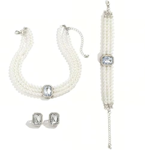 LUVDECO 3-Piece Rhinestone Necklace Bracelet Earrings for Women, Elegant French Crystal Pearl Jewelry Set, Sparkling Bridal & Party Costume Jewellery