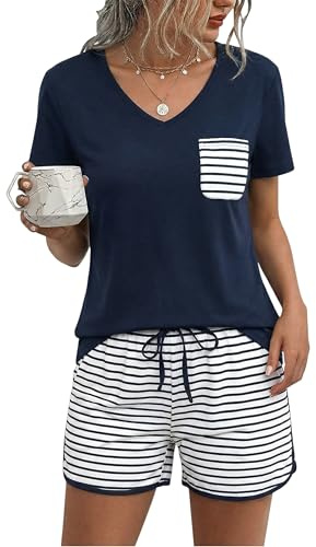 Demegimi Ensemble de Pyjama Femme Pyjama Femme Ete Coton Manches Courtes Col V Haut et Short Confortable，Bleu，L