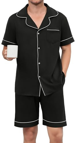 Reliwel Pijama Hombre Verano Algodón con Botones Conjunto de Pijamas Cortos con Bolsillos Ropa Camisas y Pantalones Suave y Cómodo