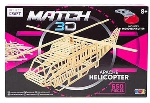 Quickdraw Supplies Build Your Own Matchstick Model Kit 650 Piece 3D Construction Set Helicopter Motorbike or Spitfire STEM Craft Toy with Glue Tools Instructions for Children Age 8 Plus (Helicopter)