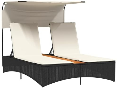 WGYHOME Doppel-Sonnenliege mit Sonnendach, Schwarz, PE-Rattan & Akazienholz, 136x202x140 cm, 5-Fach verstellbar, UV-beständig – für Garten, Terrasse, Pool
