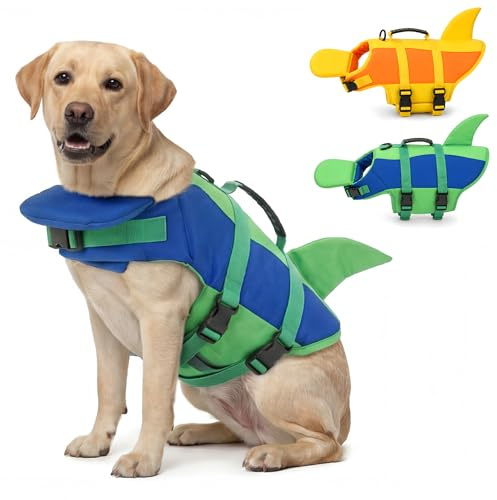 SMALLLEE_LUCKY_STORE Söt haj hund flytväst för små medelstora hundar, säkerhet flytväst med främre haka flyta och räddningshandtag hög flytkraft valp flytande badväst, blå, XL