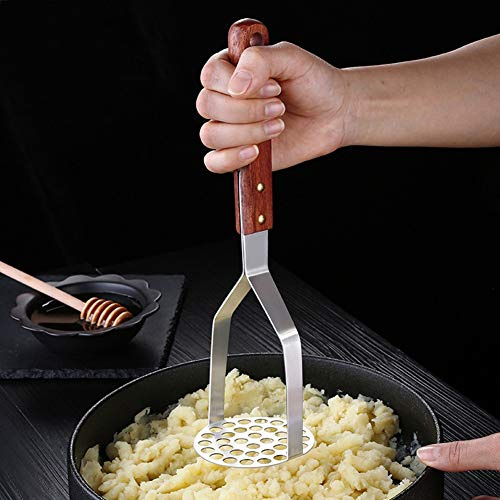 Hidyliu SUS304 Manuell Potatisstötare i Rostfritt Stål, Ergonomiskt Handtag Av rosenträ, Kraftfull Matkross för Hemmakök, 8x28 Cm