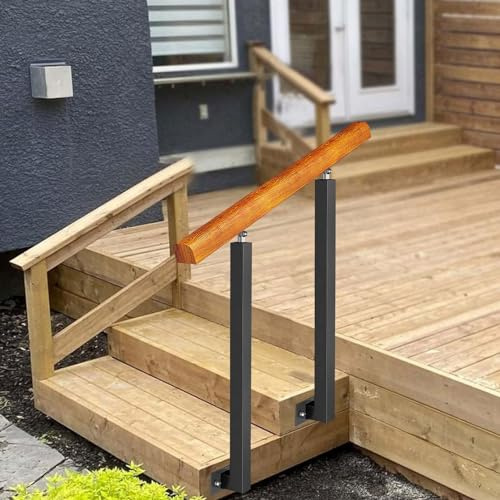 Justerbara trästeg för utomhustrappor – passar 2 eller 3 steg – hållbart räcke med 270° smidesjärnfäste – 85 cm höjd, 120 cm längd – säker och snygg lösning